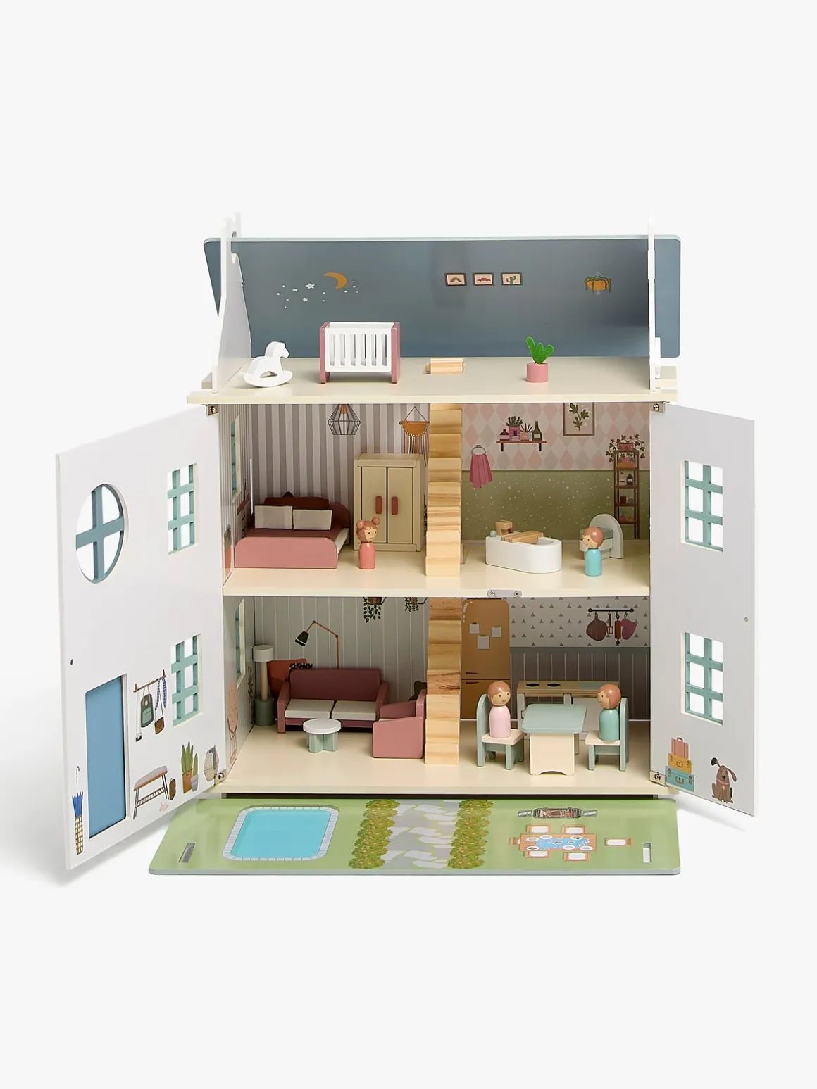 Alice & Fox Dukkehus med Møbler & 4 Dukker, Blå