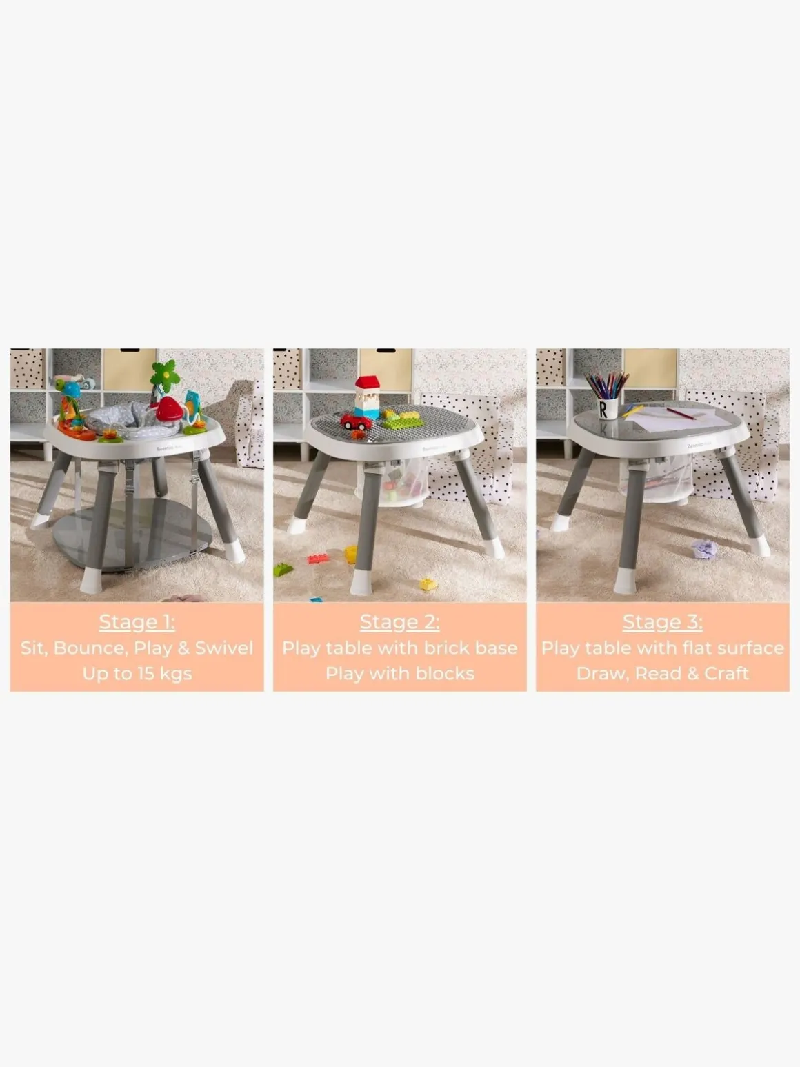 Beemoo PLAY Explore 3-in-1 Aktivitetscenter, Stone Grey